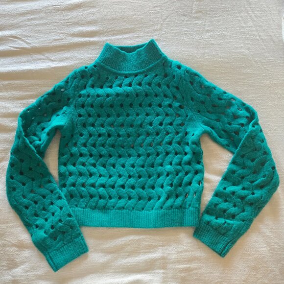🌸NWOT Massimo Dutti Teal Openwork Wool blend Sweater S - Picture 1 of 8